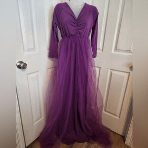 Elegant Long Sleeve Purple Maternity Gown